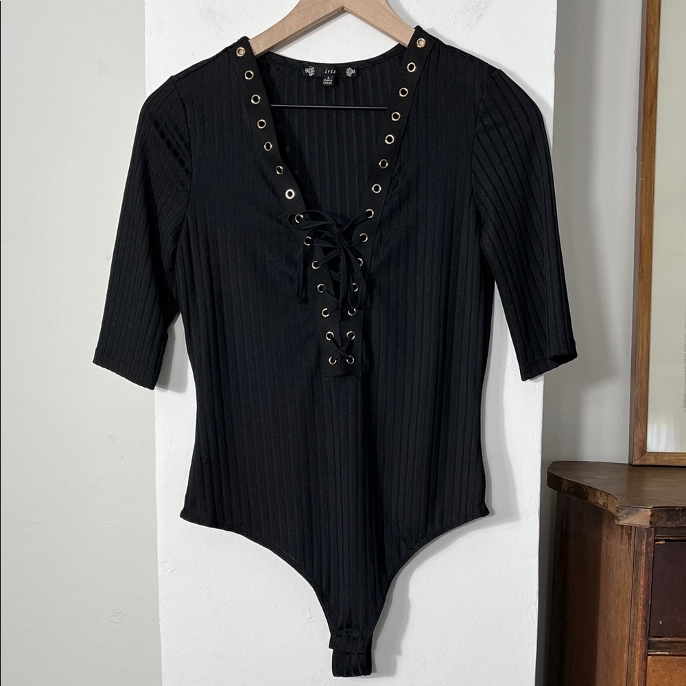 Iris Black Lace-Up Ribbed Bodysuit